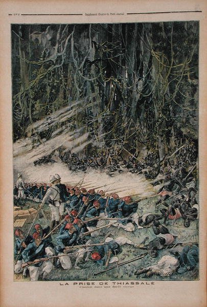 Thiassalen valtaaminen, taistelu Neitsyt-sademetsässä, kuvitus Le Petit Journal -lehdestä, 26. elokuuta 1893. tekijältä French School