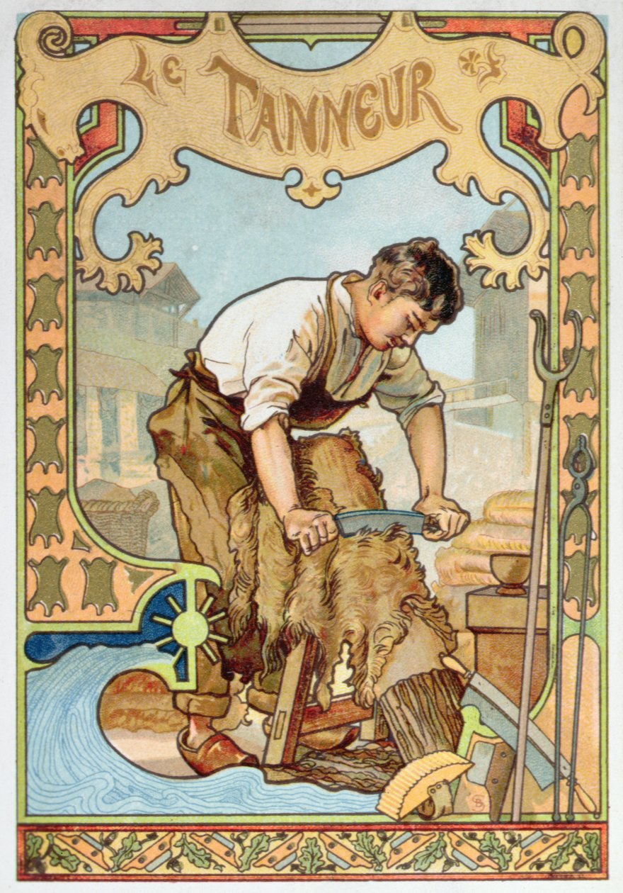 Tanner, kuvitus käsityökirjasta, noin 1899 (värilitro). tekijältä French School