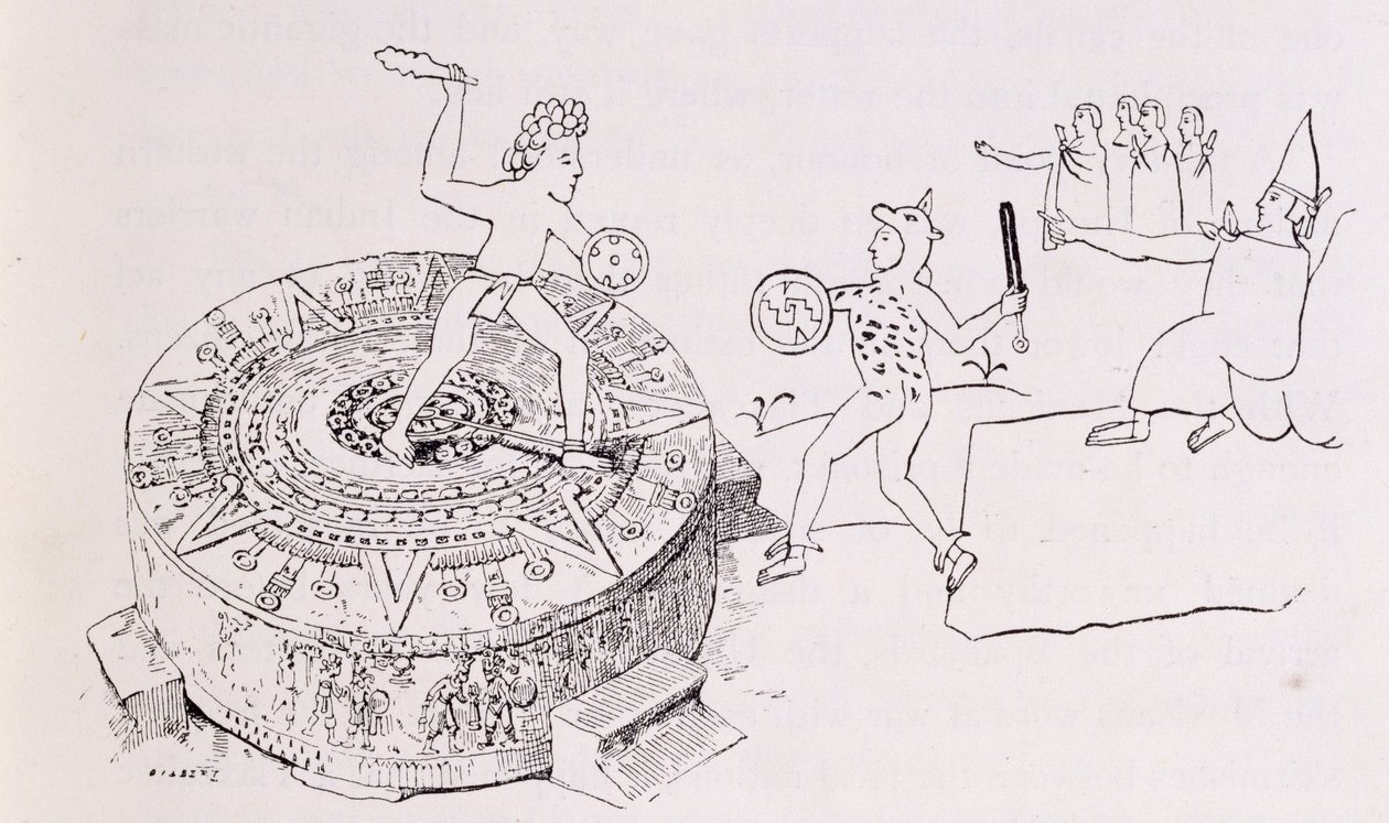 Temalacati eli gladiaattorikivi Codex Ramirezista, "Uuden maailman muinaisista kaupungeista", kirjoittanut Claude-Joseph-Desire Charney, pub. 1887 tekijältä French School