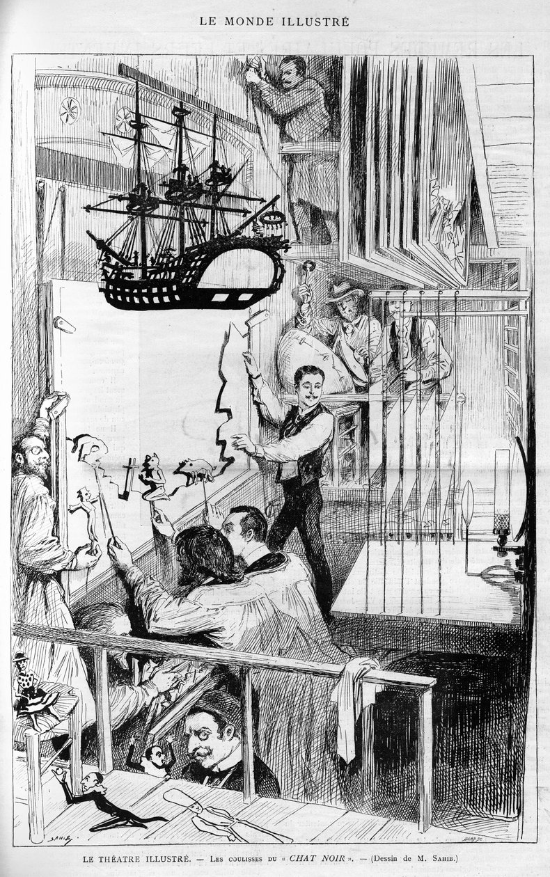 Teatteri havainnollistaa: Chat noirin kulissien takaa. Kaiverrus "Le monde illustrious", "" 1888. tekijältä French School