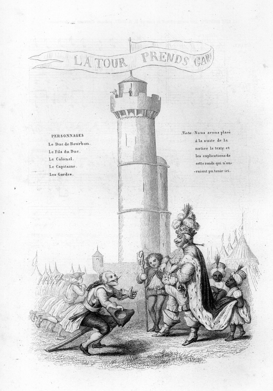 Torni on varovainen. Eversti, jolla on ase, tulee alas kuninkaan luo, jota seuraa sivuja. Kaiverrus "" Chants et chansons populaire de la France"", Tome 2 tekijältä French School