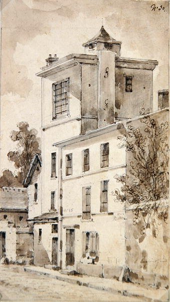 Torni, jossa Louis-Jacques Daguerre teki löytönsä (akvarelli paperille) tekijältä French School
