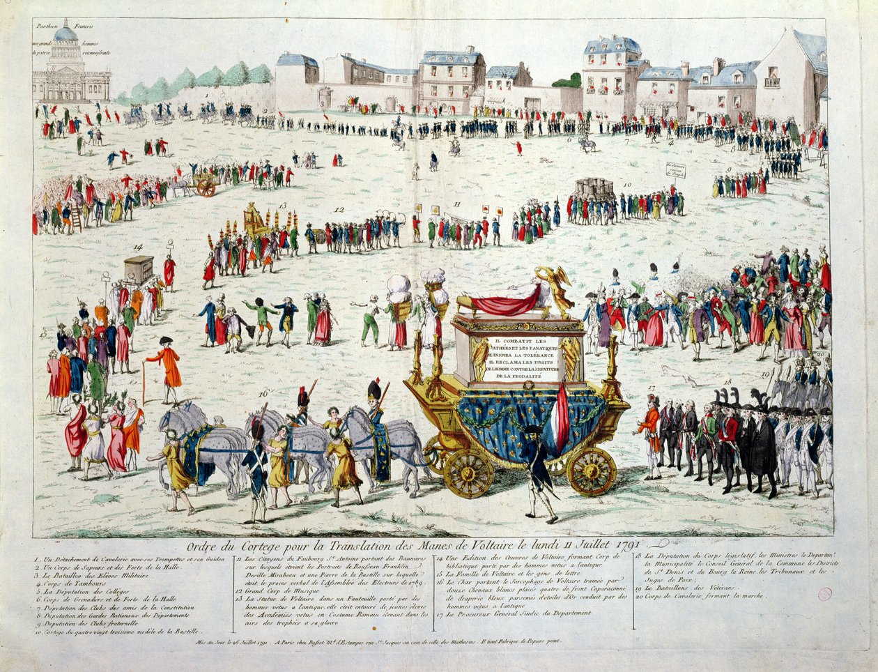Voltairen (1694-1778) kuolevaisten jäänteiden käännös Pariisin Pantheonille 10. heinäkuuta 1791 (wc paperilla) tekijältä French School