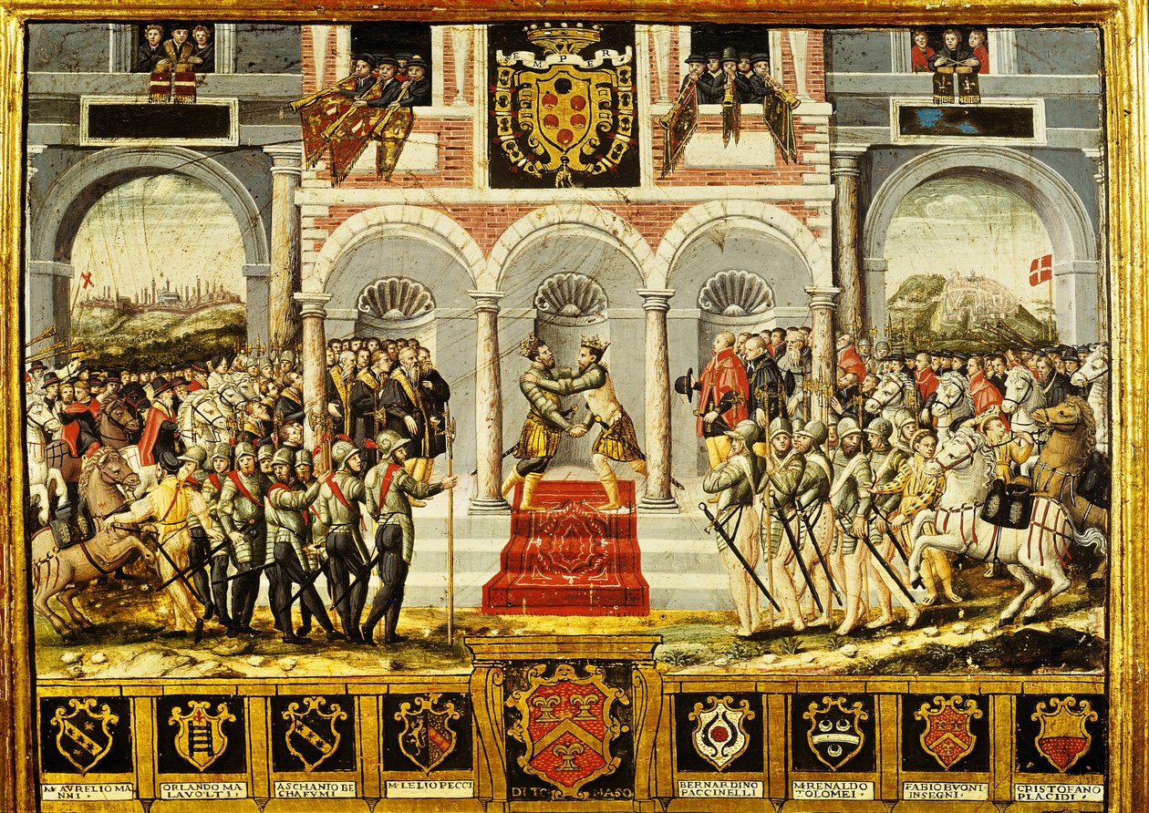 Cateau-Cambresiksen sopimus ja Ranskan Henrik II:n (1519-59) ja Espanjan Filip II:n (1527-98) syleily, 2.-3. huhtikuuta 1559. tekijältä French School