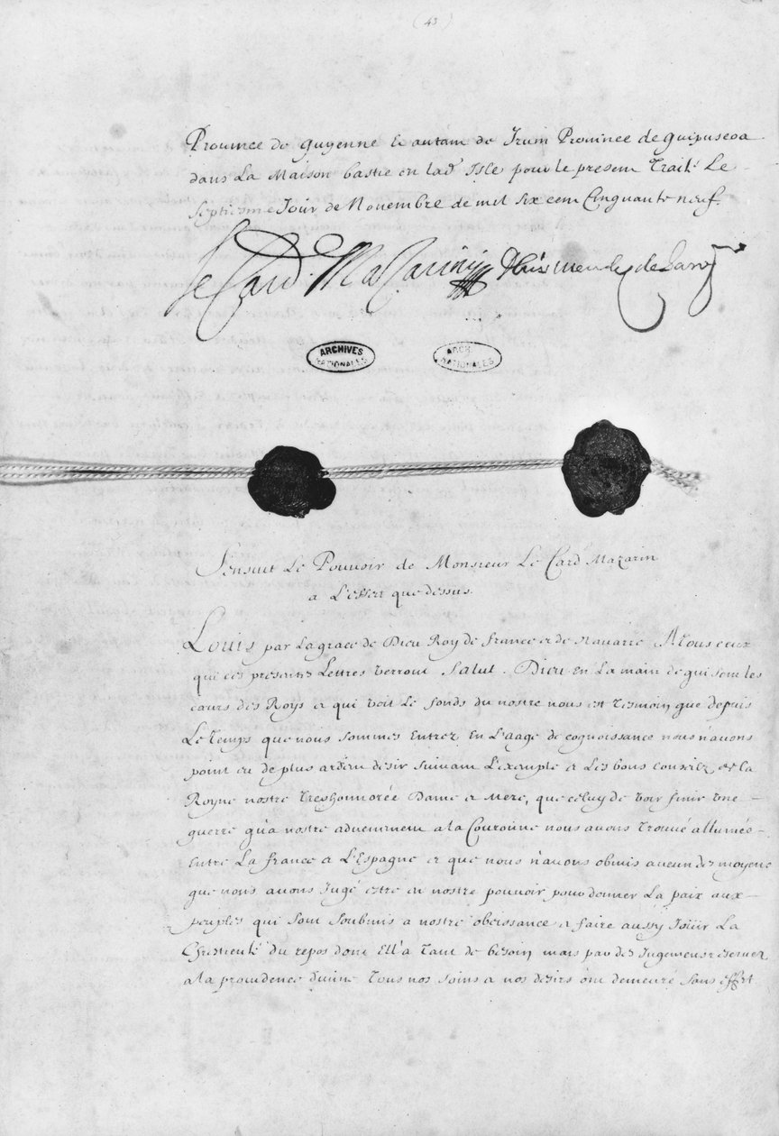 Pyreneiden rauhansopimus, jonka allekirjoittivat kardinaali Jules Mazarin (1602-61) ja Don Luis Mendez de Haro (1598-1661) 7. marraskuuta 1659 tekijältä French School