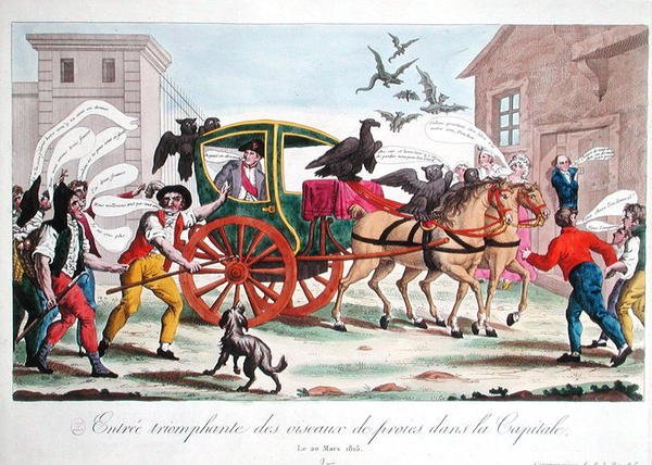 Petolintujen voittoisa pääsy pääkaupunkiin, karikatyyri Napoleonin (1769-1821) paluusta Pariisiin, 20. maaliskuuta 1815 (värinen kaiverrus) tekijältä French School