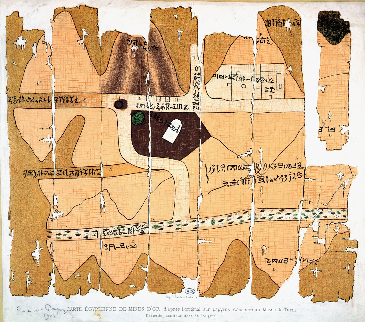 Torinon papyrus, kopio muinaisen egyptiläisen kultakaivoskartan pohjalta alkuperäiseen, noin 1300 eKr. peräisin olevaan papyrukseen, joka on säilytetty Torinon Museo Egiziossa tekijältä French School