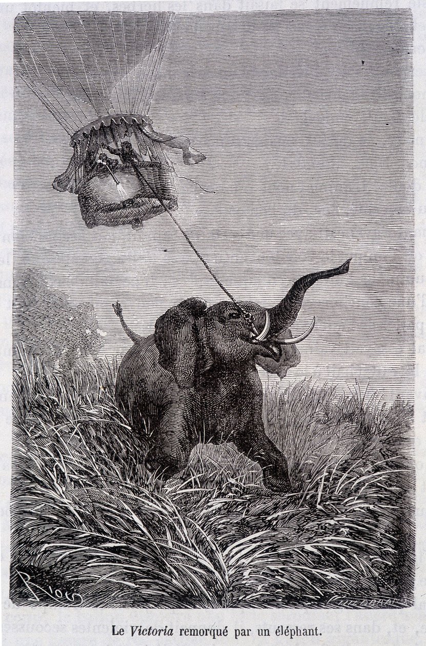 Elefantin hinaama Victoria - Jules Vernen romaanissa "Five Weeks in Balloon" tekijältä French School