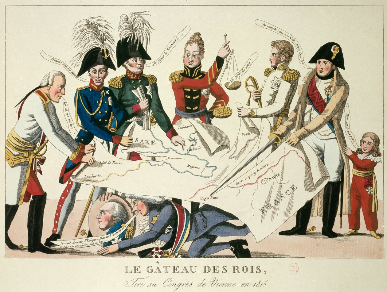 Wienin kongressi 22.6.1815: kuninkaiden kakku. Se yhdisti kahdeksan maailmanvaltaa ja pyrki määrittelemään rajat uudelleen Napoleon I:n valtakunnan kukistumisen jälkeen. Aleksanteri I, Venäjän tsaari; H.R. Stewart, Castlereagh; Francois Joseph I, Au:n keis tekijältä French School