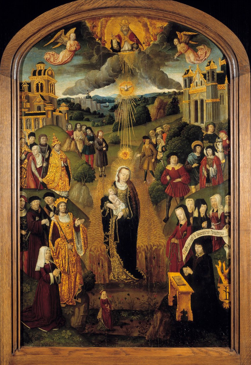 Neitsyt vehnän kanssa Kuningas Ludvig XII (1462-1515) ja paavi Aleksanteri VI (1431-1503) ovat paikalla. Maapalloa pitelevä Kaikkivaltias Jumala siunasi kohtauksen samalla kun Pyhä Henki suojeli Neitsyttä ja lasta. 1500-luvun ranskalaisen koulun puumaalaus tekijältä French School