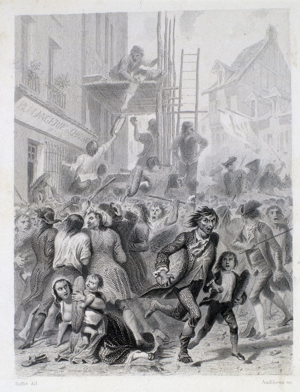Jauhosota: mellakka leipomon edessä toukokuussa 1775 (Ranskan vallankumouksen ensimmäiset hedelmät). tekijältä French School