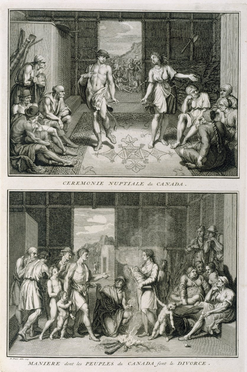Hääseremonia ja avioero Kanadassa, kuvitus uskonnollisista seremonioista ja tavoista, kaiverrus Bernard Picart (1673-1733) 1723 tekijältä French School