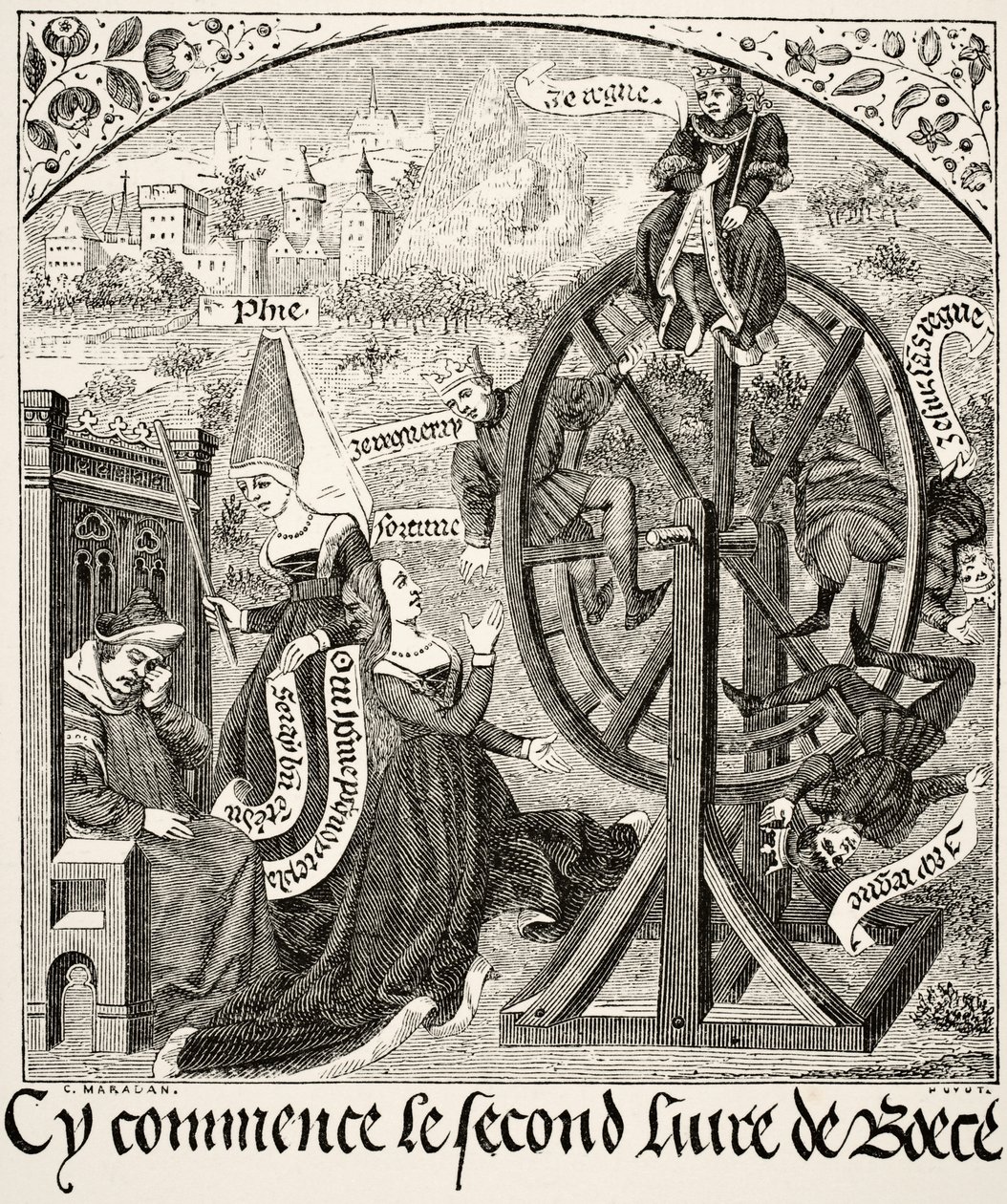 Paul Lacroixin (1806-84) The Wheel of Fortune, teoksesta Tiede ja kirjallisuus keskiajalla, julkaisi Lontoossa 1878 tekijältä French School