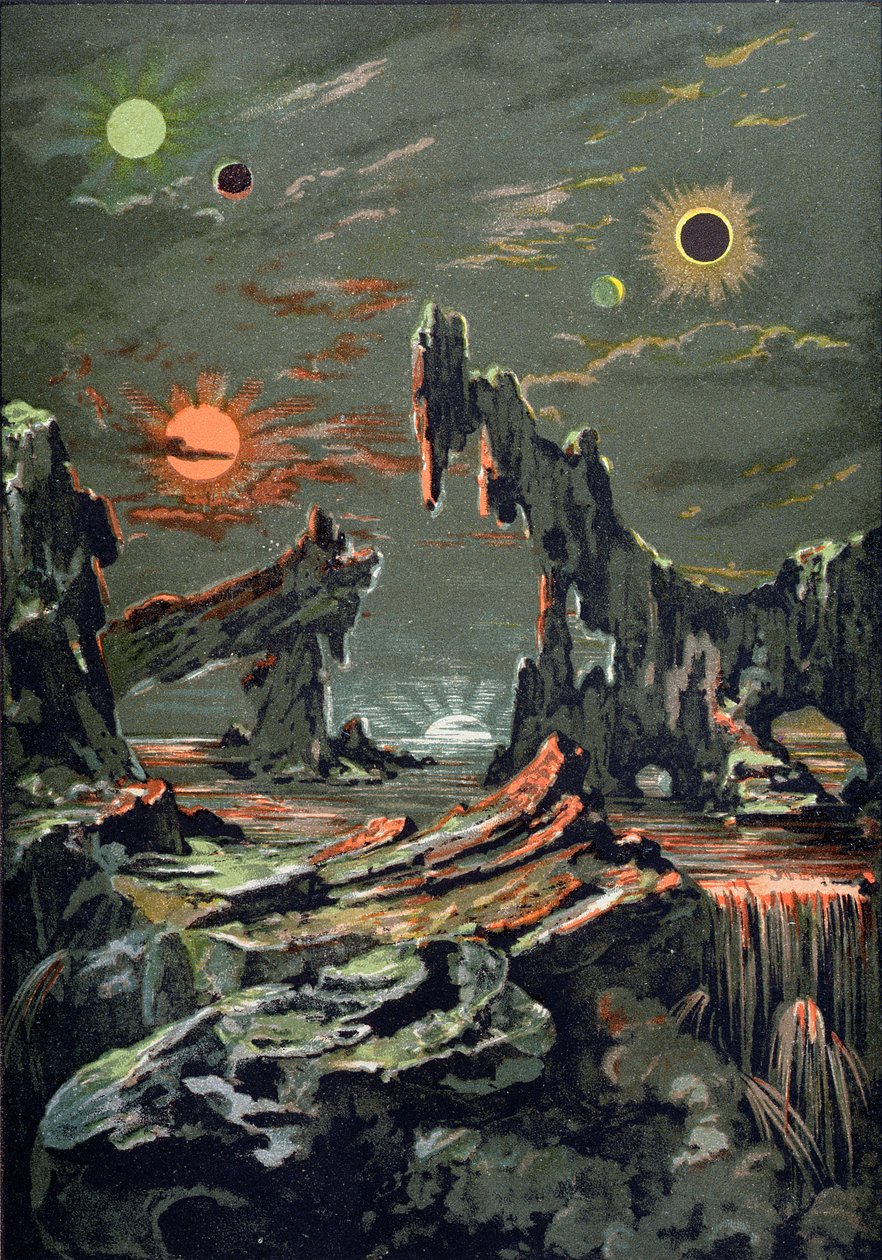 Neljän kuun ja neljän auringon maailma, kuvitus Astronomie Populairesta, kirjoittanut Camille Flammarion (1842-1925) 1881 tekijältä French School