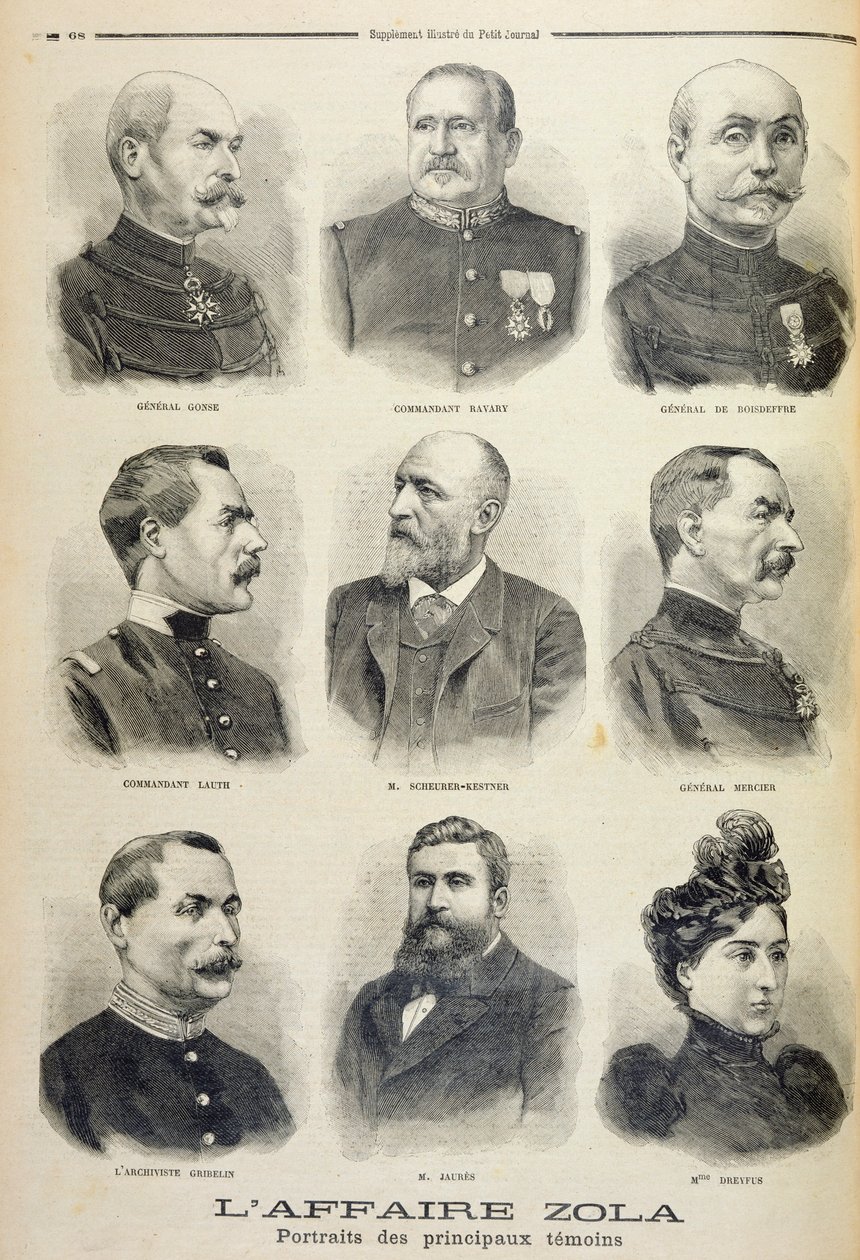 Zola Affair: muotokuvia tärkeimmistä todistajista, kuva Le Petit Journalin kuvitetusta liitteestä, 27. helmikuuta 1898 (litho) tekijältä French School
