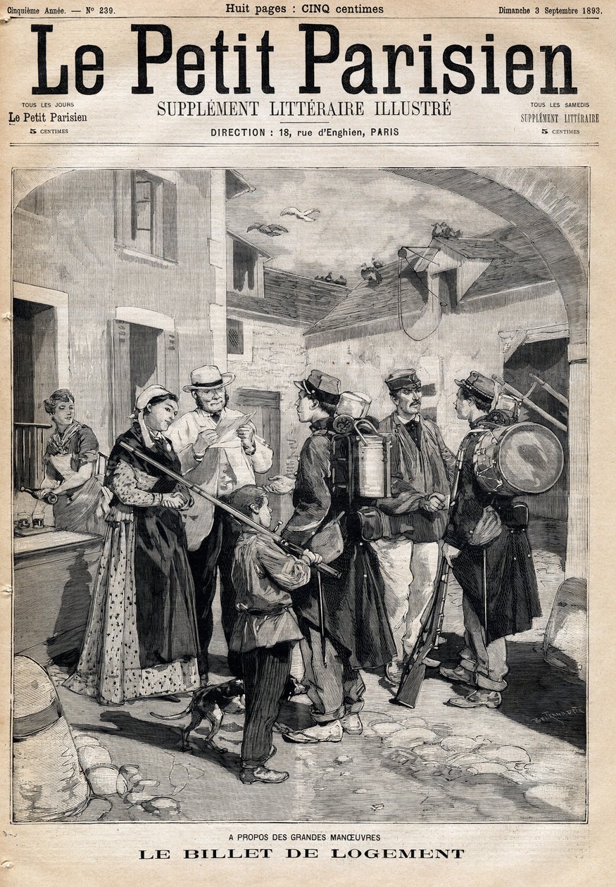 Majoituslippu, joka oikeuttaa sänkyyn ja kynttilään, jaetaan sotilaille harjoitusten ja suurten liikkeiden jälkeen. Yksi sanomalehdestä "Le petit Parisien" 3.9.1893 (kaiverrus) tekijältä French School