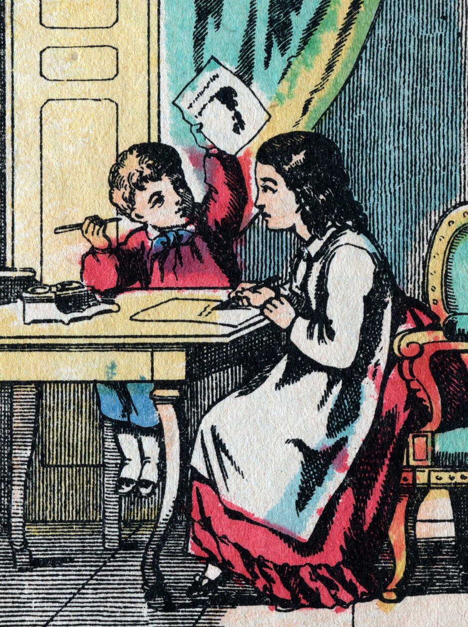 Toimintaa hyvien perheiden tytöille: pikkuveljen auttaminen läksyissä - Epinal kuva - 1800-luku (kaiverrus) tekijältä French School