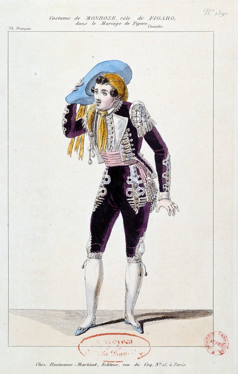 Näyttelijä Claude Louis Seraphin Barizain (tai Barisain) näytteli Monrosea (1783-1843) Figaron roolissa Le mariage de Figaro -elokuvassa”, Pierre Augustin Caron de Beaumarchais (1732-1799) 1784 Pariisi, Comedie francaise tekijältä French School