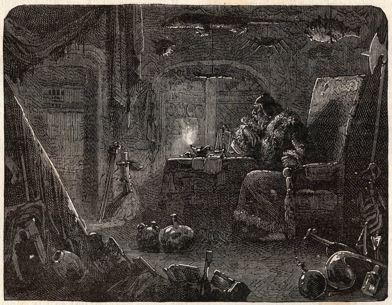 Alkemisti, joka on luvannut tehdä kultaa, työskentelee laboratoriossaan: Alkemisti 1600-luvulla - Nicolas Jules Henri Gourdon de Kennouillacin (1826-1898) "Paris a travers les cules" -kirjassa. tekijältä French School