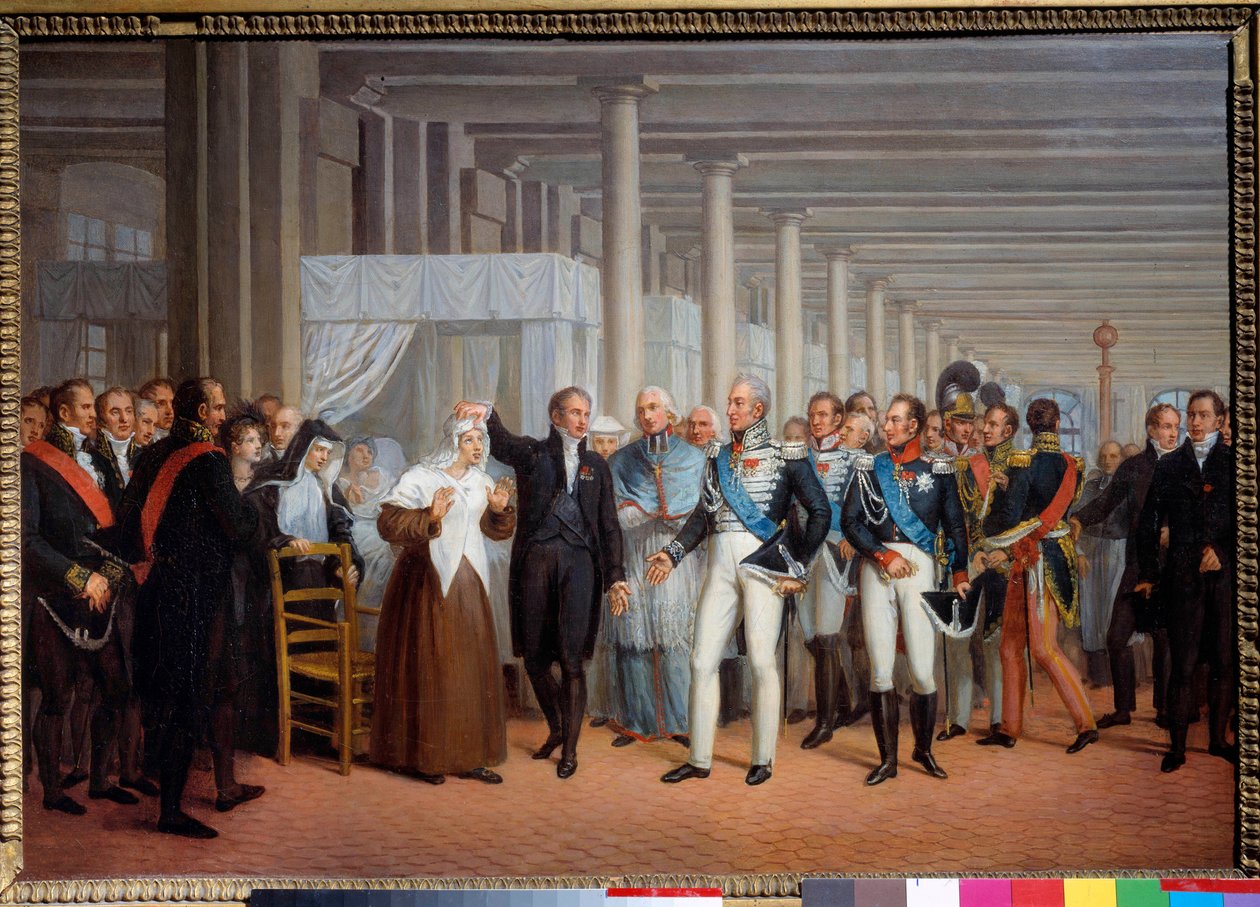 Hotel Dieun anatomi ja kirurgi Baron Guillaume Dupuytren (1777-1835) esittelee silmäopereen kuningas Kaarle X:n maalaukselle, ranskalainen koulu 1800-luvulla, 375 x 540 cm Pariisi, karnevaalimuseo tekijältä French School