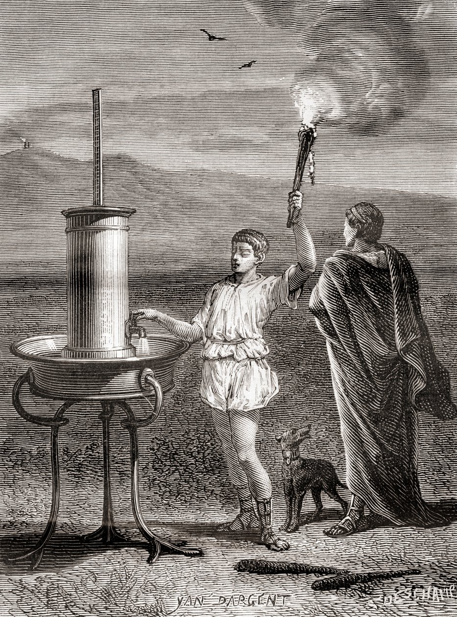 Antiikin kreikkalainen hydraulinen semaforijärjestelmä, jota Aeneas käytti viestin lähettämiseen, 4. vuosisadalla eKr., Les Merveilles de la Science, julkaistu noin 1870 (kaiverrus) tekijältä French School