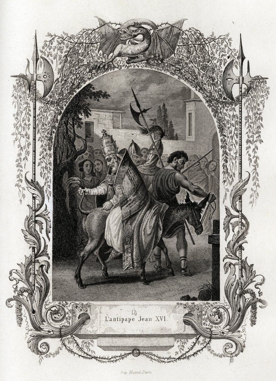 Antipaavi Johannes XVI (997-998). Maurice Lachatren (1814-1900), Librairie du Progres, Pariisin teos Histoire des Popes havainnollistava kaiverrus. tekijältä French School
