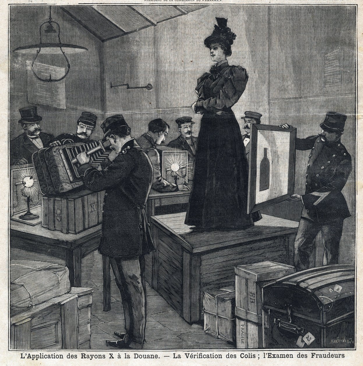 Röntgensäteiden (röntgen) soveltamisella on käytäntöjä: pakkausten tarkastus ja huijareiden tutkiminen. "" Le Peute Parisien" -julkaisussa 7.11.1897. Yksityinen kokoelma tekijältä French School