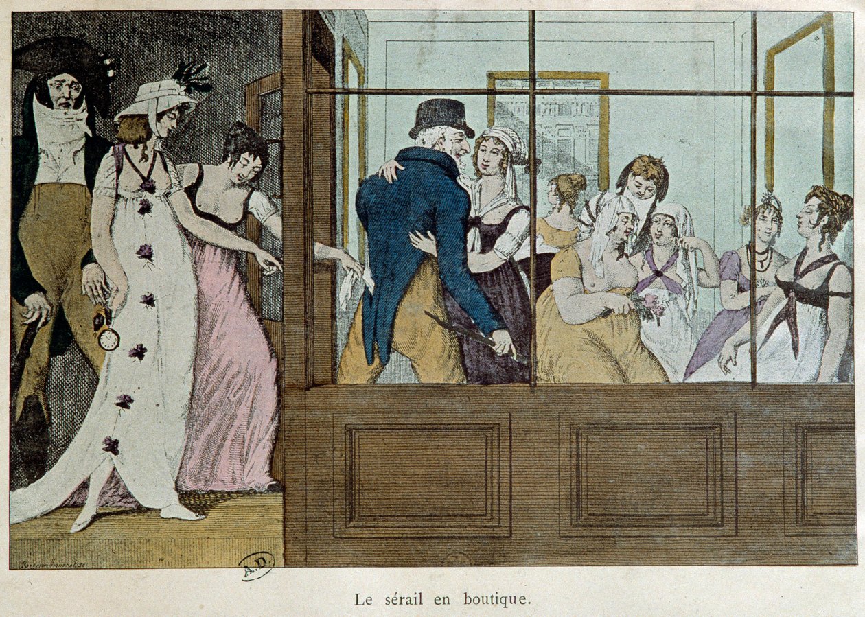 Nimitysliike: seraili kaupassa Pariisin Palais Royalissa sijaitseva bordellitalo. 1700-luvun alun litografia Pariisissa, koristetaidetta tekijältä French School