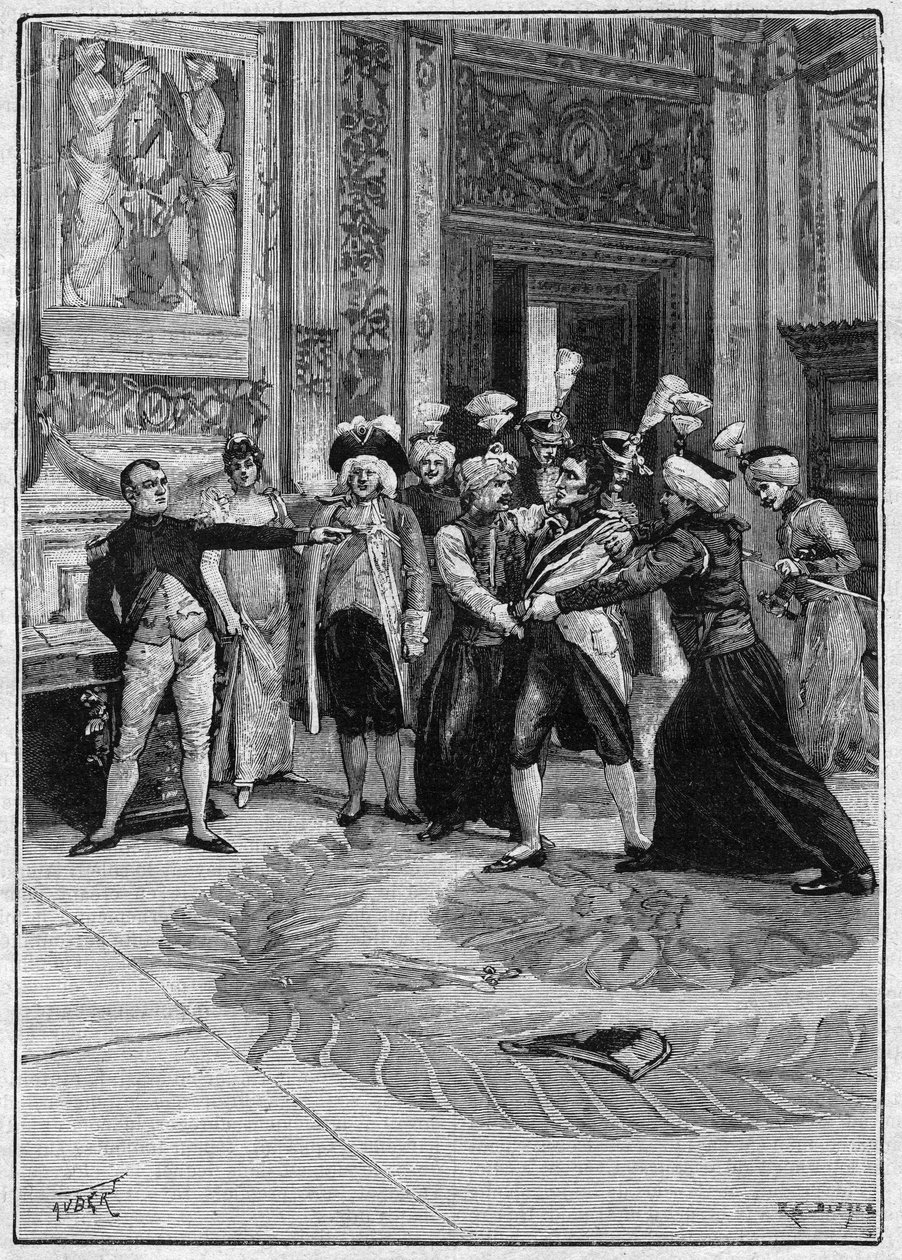Neippergin kreivin (1775-1829) pidätys Napoleon 1:n (1769-1821) määräyksestä. Kuvitus Victorien Sardoun (1831-1908) ja Emile Moreaun (1852-1922) "Madame Sans Genestä". Kaiverrus "La gazette du dimanche" -julkaisussa 21. marraskuuta 1895. tekijältä French School