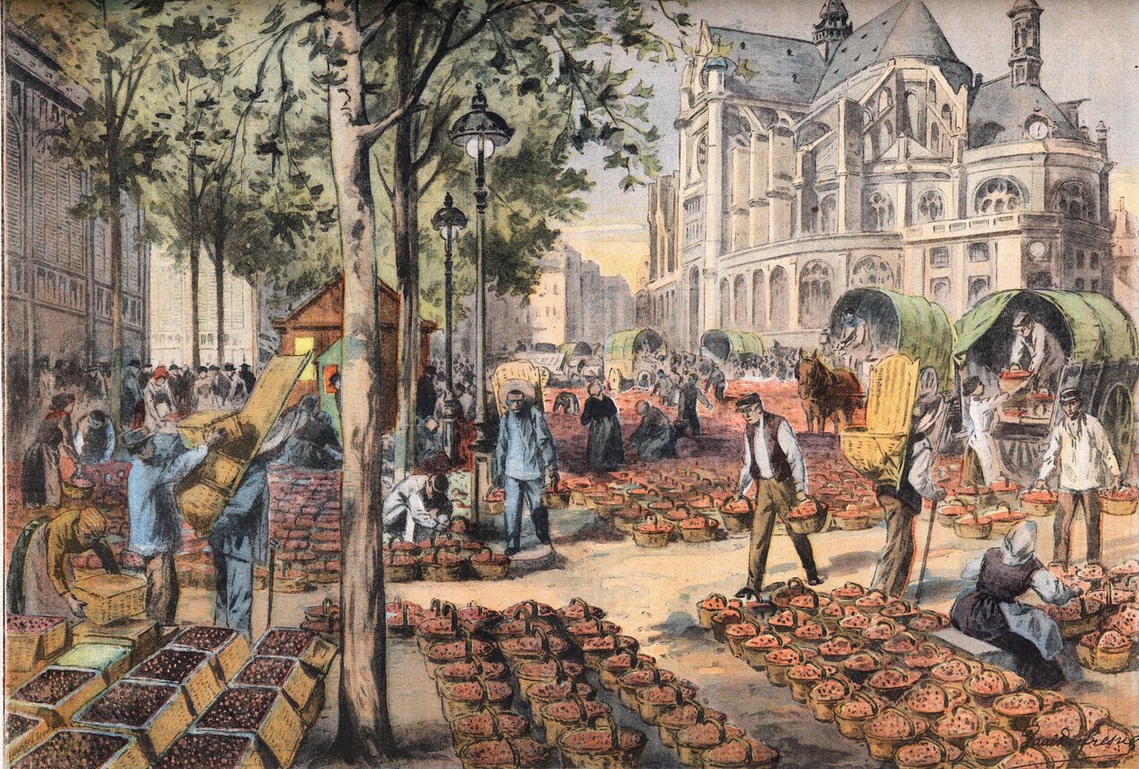 Mansikoiden saapuminen Saint Eustachen kirkon takana olevien käytävien laatoille, sanomalehdestä "Le Petit Parisien" tekijältä French School