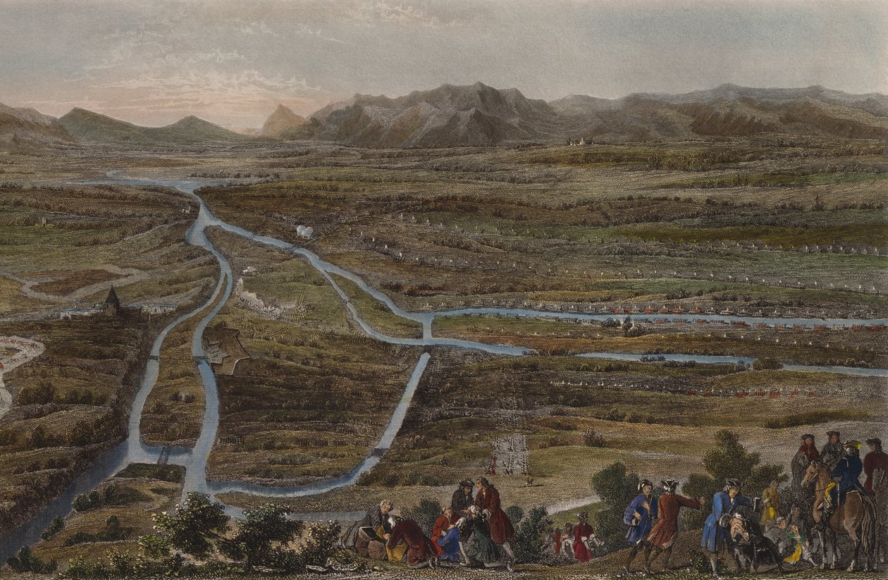 Cassanon taistelu 16. elokuuta 1705, kaiverrus Chavanne (värikaiverrus) tekijältä French School