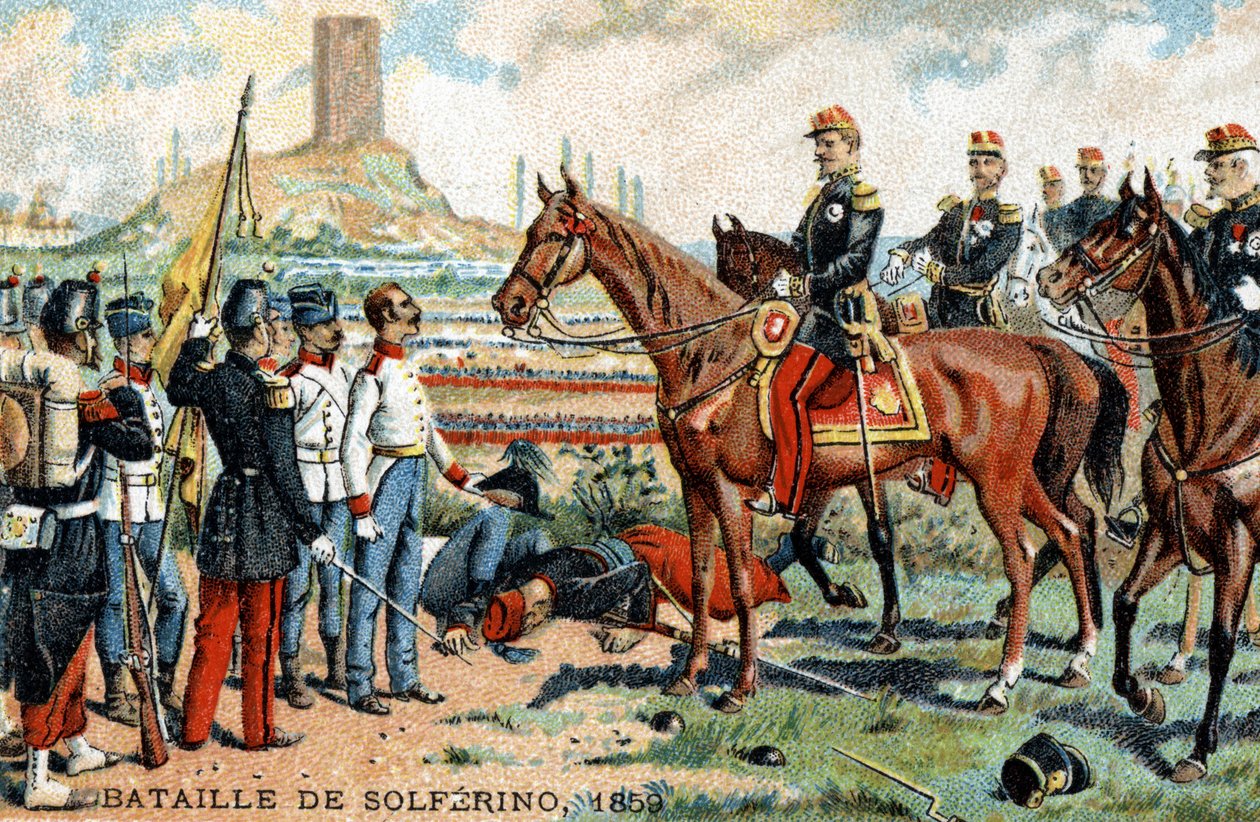 Solferinon taistelu (Italia) ranskalais-sardinialaisten (voittajat) ja itävaltalaisten (tappioiden) armeijoiden välillä vuonna 1859. Kromolitografia 1800-luvulta. tekijältä French School