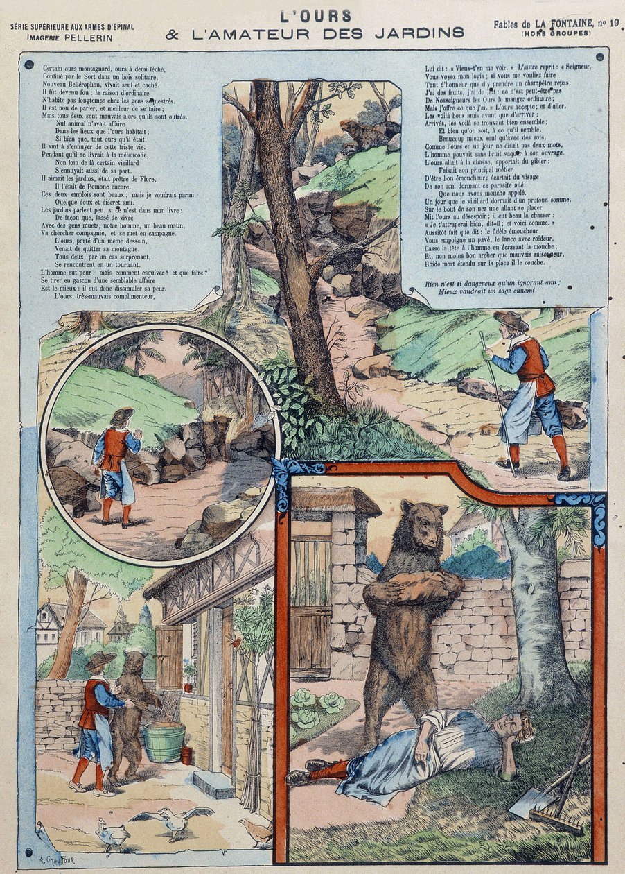 Karhu ja puutarhan rakastaja - Fables de La Fontaine Epinalin kuvissa tekijältä French School