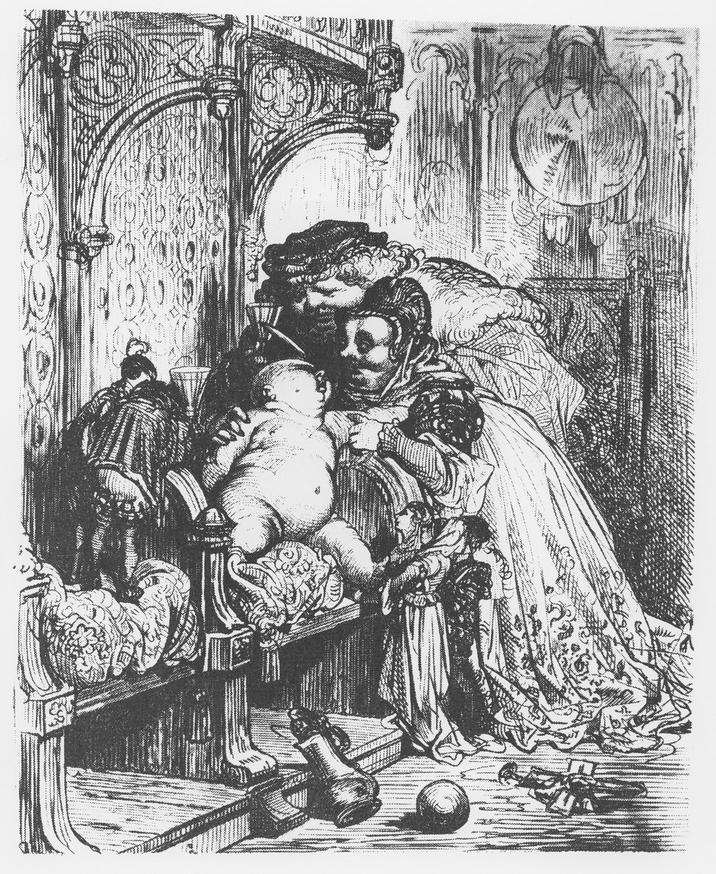 Pantagruelin syntymä, kuvitus teoksesta "Gargantua ja Pantagruel", François Rabelais (kaiverrus) tekijältä French School