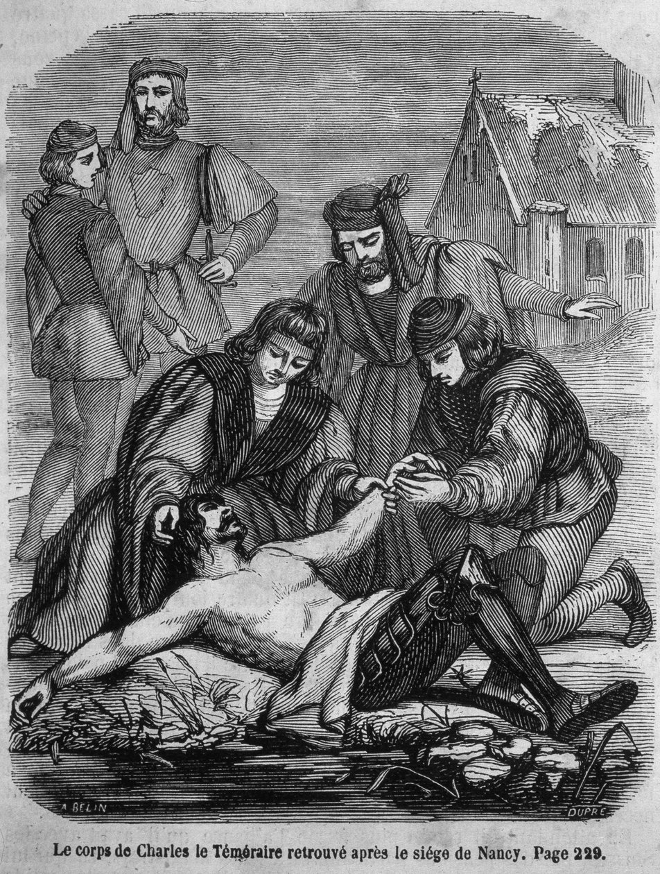 Charles Rohkean (1433 - 1477) ruumis löydettiin Nancyn piirityksen jälkeen - kirjasta "Histoire de France", kirjoittaja L.-P. Anquetil tekijältä French School