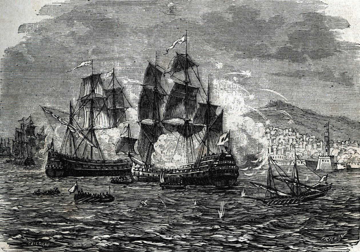Abraham Duquesnen pommitukset Algeriin elokuussa 1682 - (kaiverrus) 1864 tekijältä French School