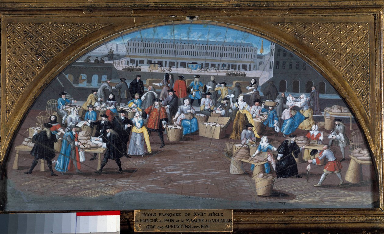 Leipämarssi ja siipikarjan marssi Quai des Augustinsilla noin 1670. Ranskalaisen koulukunnan maalaus 1600-luvulta. Pariisi, Musee Carnavalet tekijältä French School