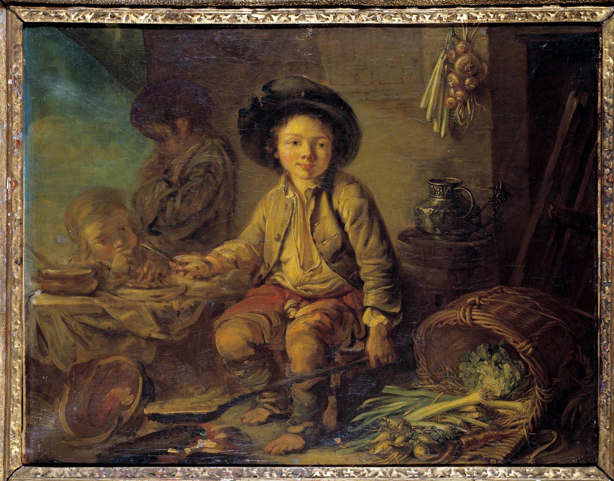 Ranskalaisen koulun pienen Savoyard-maalauksen aamiainen. Noin 1750-1780. Himmeä. 0,59x0,73 m. tekijältä French School