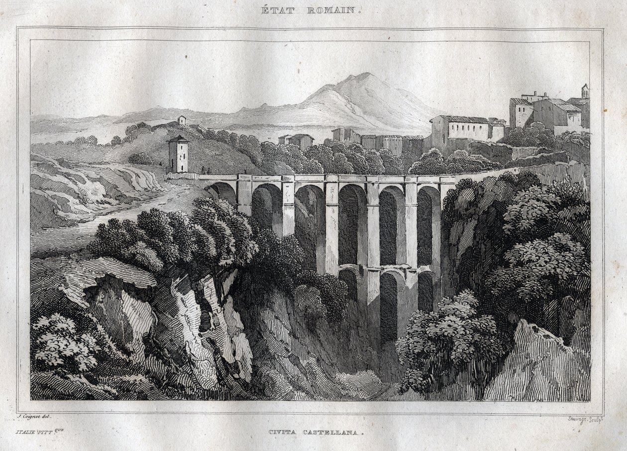 Sillalla on kaksinkertaiset pelihallit - CIVITA CASTELLANA - Viterbon maakunta - Italia - Kaiverrus aiheesta "" Italy Picturesque" - Historiallinen ja kuvaava maalaus Italiasta", M. de Norvins, Ch. Nodier 1834-1836. tekijältä French School