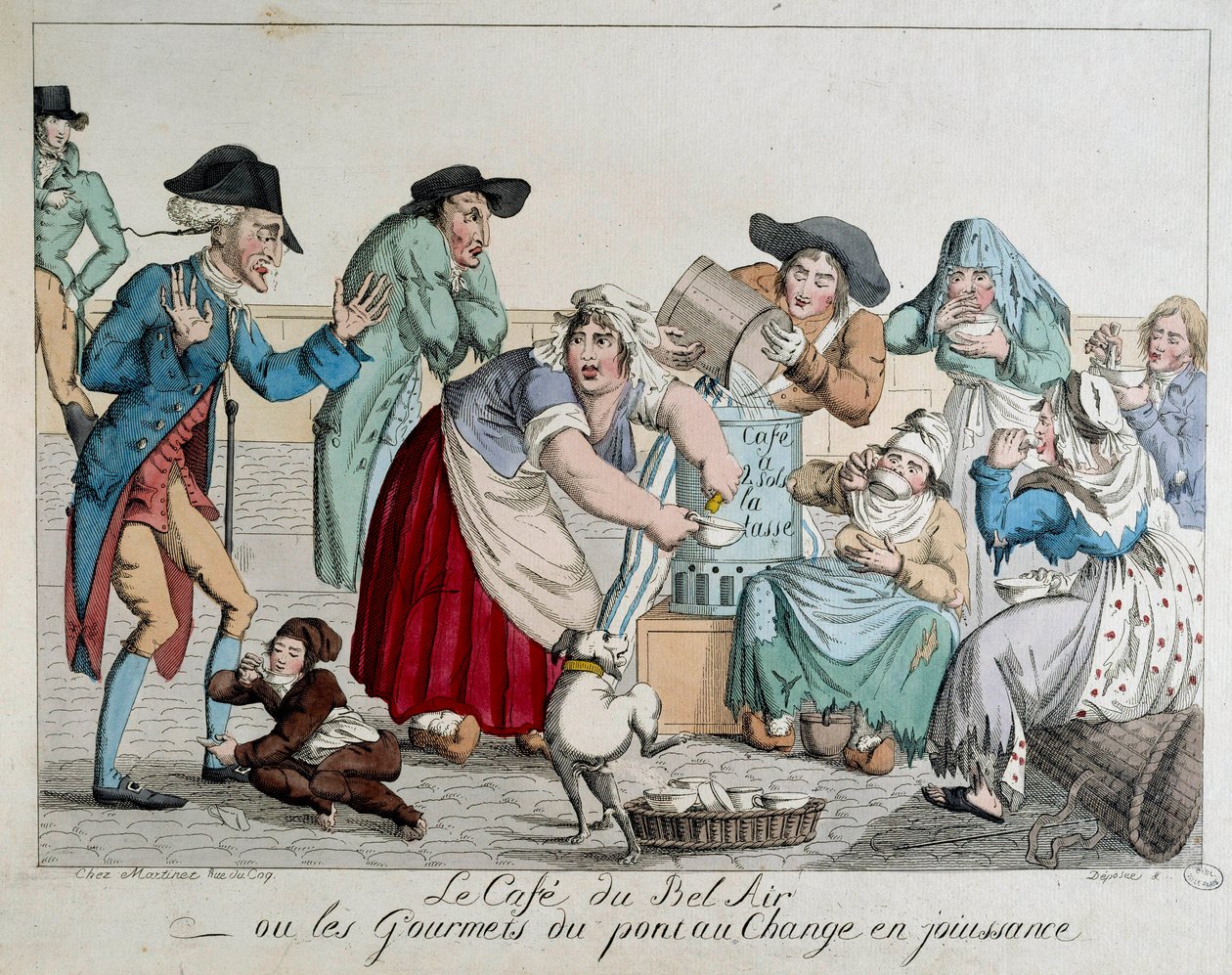 Café du Bel Air tai Pont au Changen gourmet nauttivat pariisilaisista ilman rahaa ja juovat kahvia aateliston peloissaan silmien edessä. Nimetön 1700-luvun printti. Pariisi, Musee Carnavalet tekijältä French School