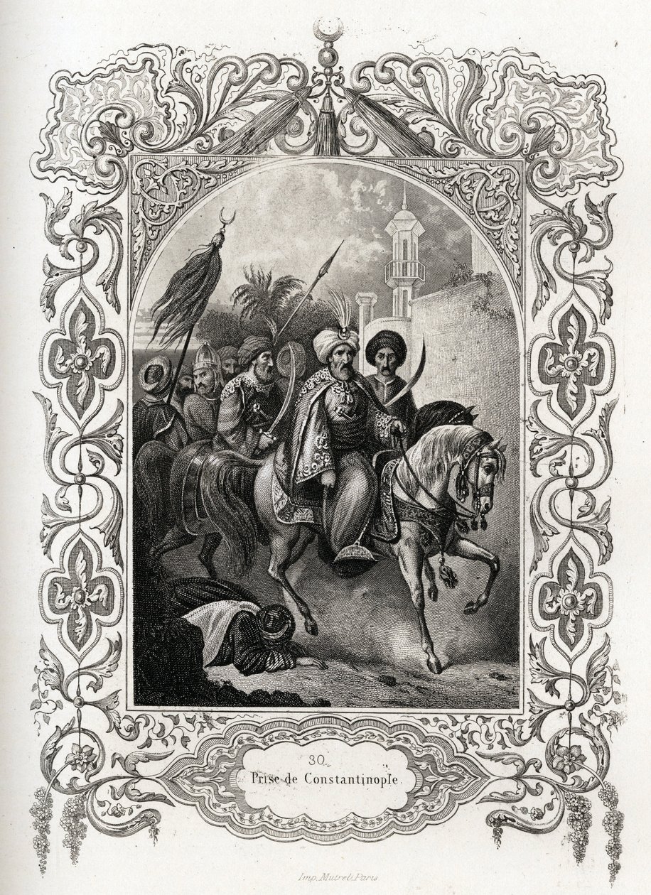 Konstantinopolin valtaaminen vuonna 1453 ottomaanien joukkojen toimesta. Kaiverrus kuvittaa Maurice Lachatre (1814-1900) Histoire des popes -teosta, librairie du progres, Pariisi. tekijältä French School