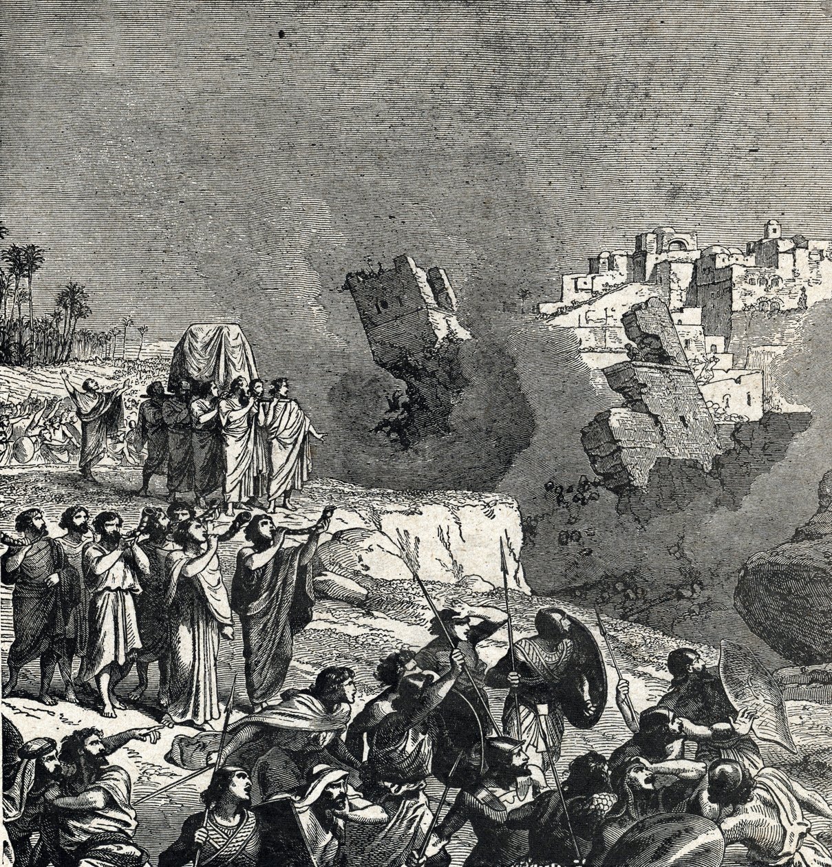 Jerikon valloitus, jonka aikana israelilaiset soittavat trumpettejaan kaupungin muurien alla, joihin pääsy on kielletty heiltä, Ce son fait fait les murs de la ville (Jerikon taistelu, israelilaisten ensimmäinen taistelu heidän valloittamisestaan) tekijältä French School