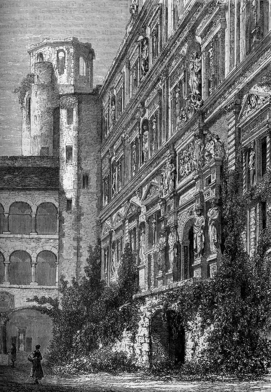 Heidelbergin linna Saksassa, jossa asuu yksi Euroopan kuuluisimmista universaaleista 1800-luvulla. Kaiverrus maineikkaaseen päiväkirjaan "" La jeunesse"" tekijältä French School