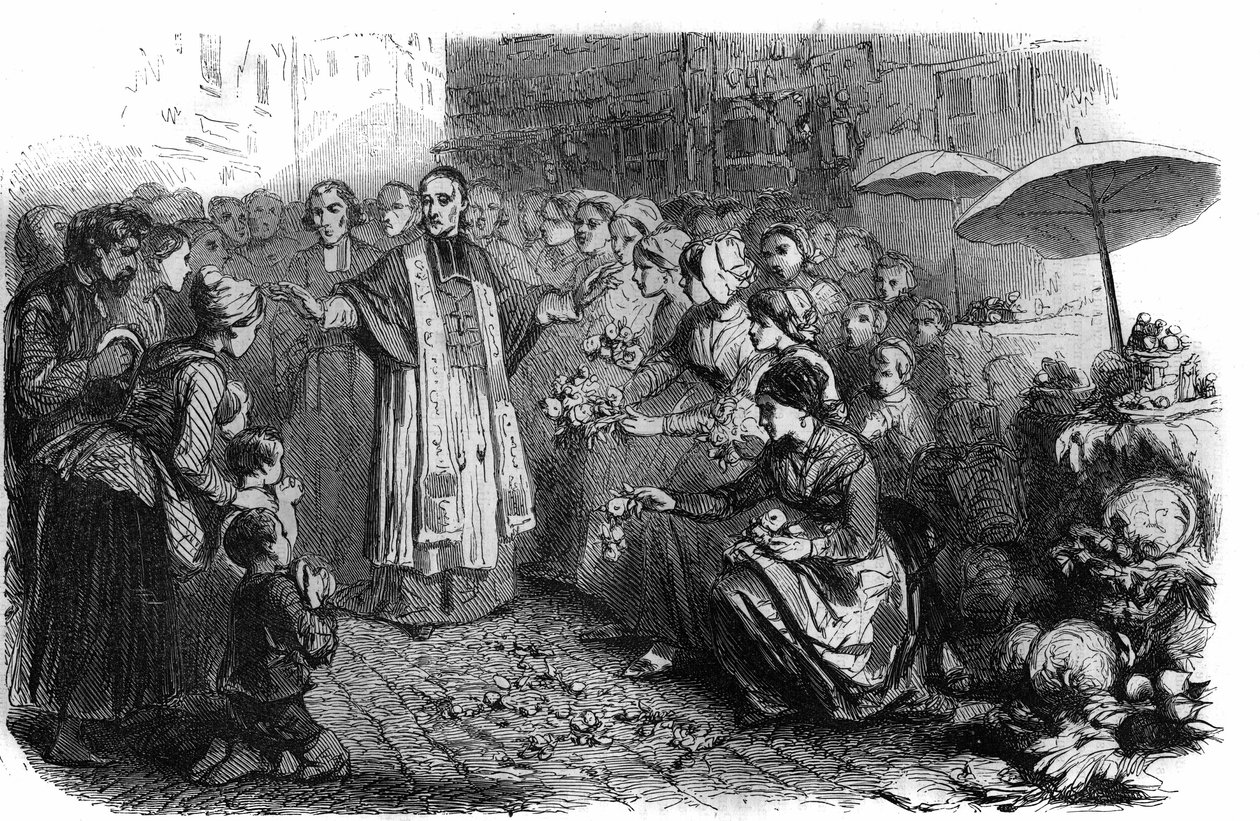 Kolera Roomassa: Paavi Gregoire XVI (1765-1846) määräsi kulkueita, rogaatioita ja siunauksia koleran marssin pysäyttämiseksi. Maurice Lachatren kaiverrus "Histoire des Papes-Rois-Queen and Empereurs a travers les centuries" tekijältä French School