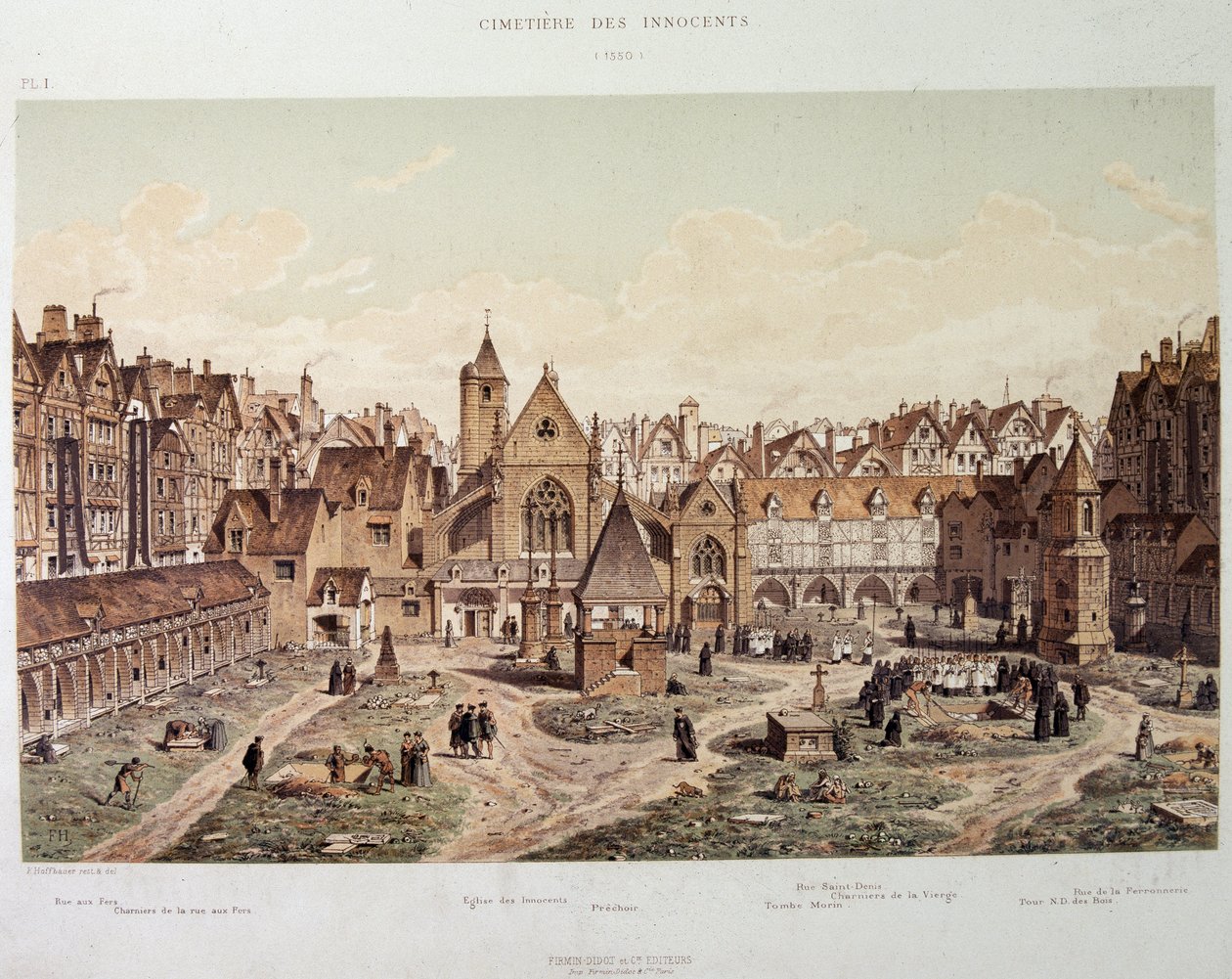 Viattomien kirkko ja hautausmaa vuonna 1550 - "Paris a travers les ages" 1800-luvun lopulla. tekijältä French School