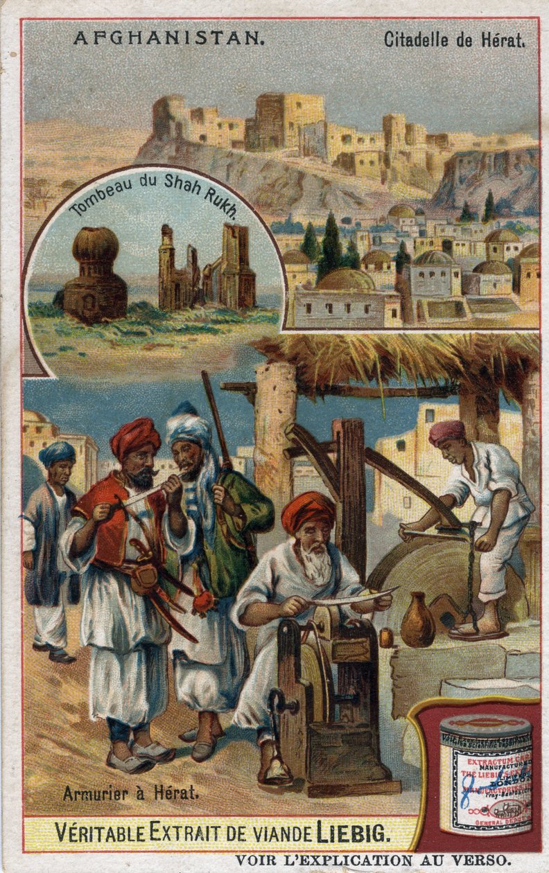 Afganistanissa sijaitsevan Heratin kaupungin kaupunki ja panssarit ja Shah Rukhin hauta. 1800-luvun kromolitografia. tekijältä French School