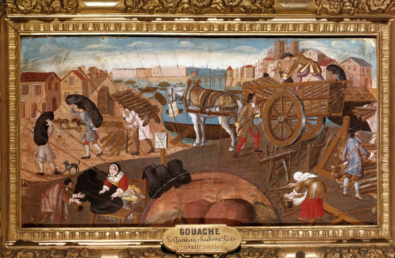 Hiilitelakka Pariisissa Hiilikaupan kohtaus Pariisin kaduilla. Anonyymi fanimaalaus 1600-luvun ranskalaisesta koulusta. Reims, Musee Saint Denis tekijältä French School