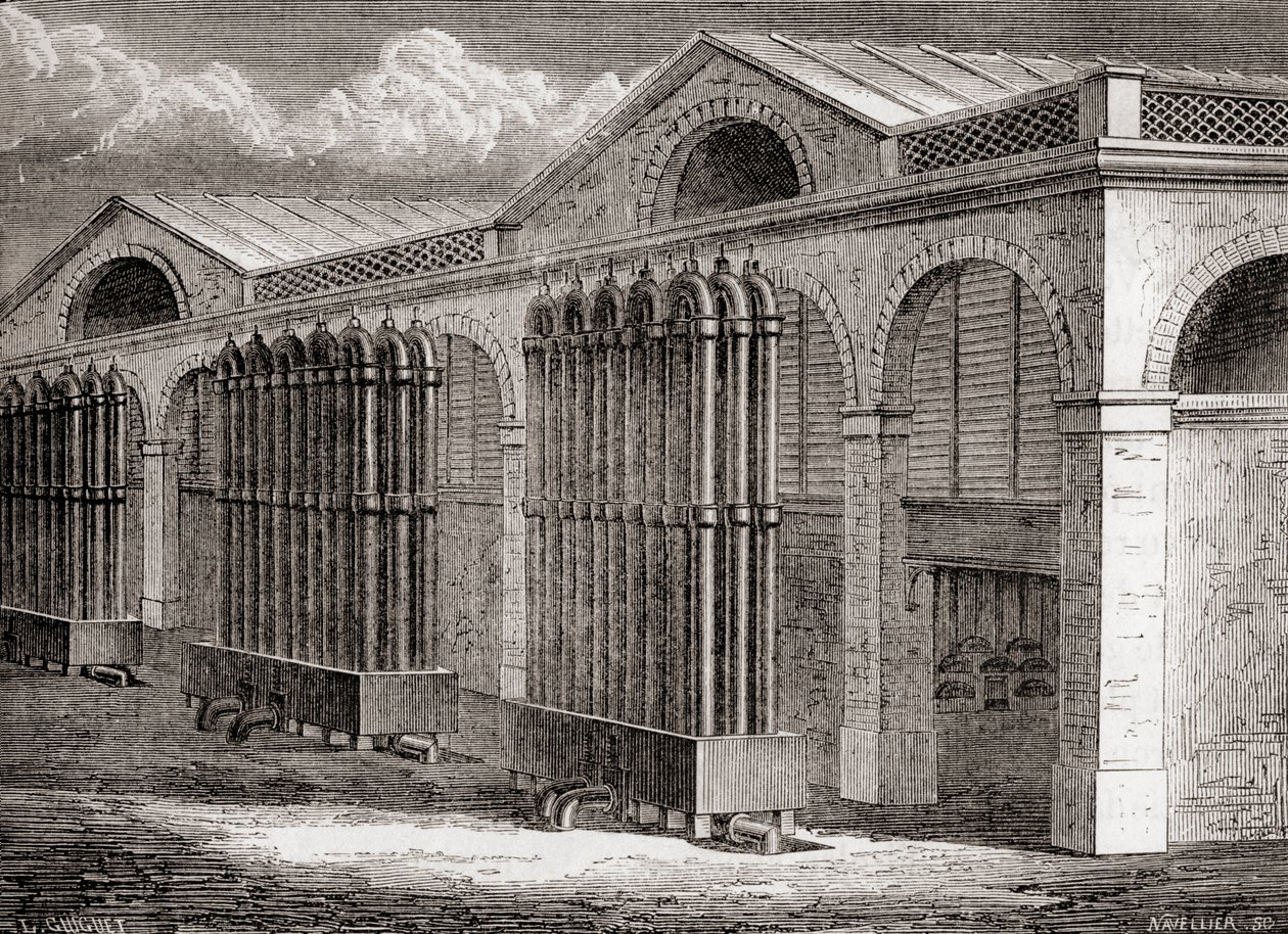 Hiilikaasun lauhdutinlaitos La Villettessa, Pariisissa, Ranskassa 1800-luvulla, julkaisusta "Les Merveilles de la Science", julkaistu noin 1870 (kaiverrus) tekijältä French School