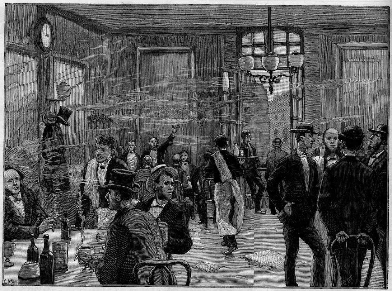 Kahvipojat laitoksessa Rue Montmartrella Pariisissa, "" Kuvitetussa maailmassa"" 1886. tekijältä French School