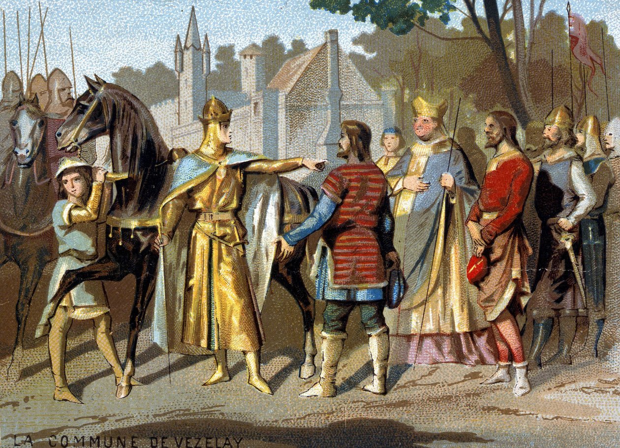 Vezelayn kunta (1153): Abbe Pons, Neversin kreivi ja Vezelayn maistraatit ennen Ludvig VII:tä Moretissa, lähellä Fontainebleaun metsää, päättämässä kunnan katoamisesta. Kromolitografia sarjasta "" Patriotic Educatio tekijältä French School